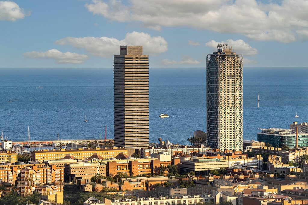 towers, nature, skyscraper, sea, costa, arts, mafre, barcelona, city, urban