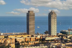 towers, nature, skyscraper, sea, costa, arts, mafre, barcelona, city, urban